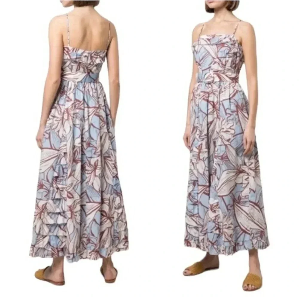 NICHOLAS Julie Cotton Floral Midi Dress Ruffle Detail and Pockets Blue Size 2